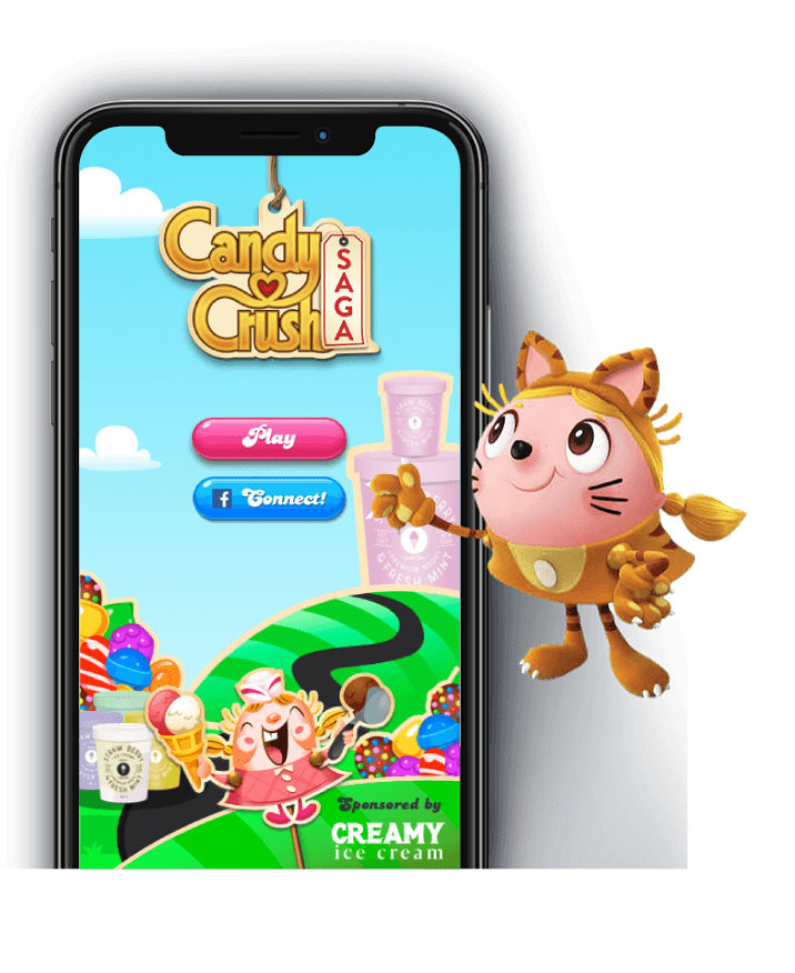 Candy Crush mobile game Integrated Advertising example with Tiffi in a tiger costume