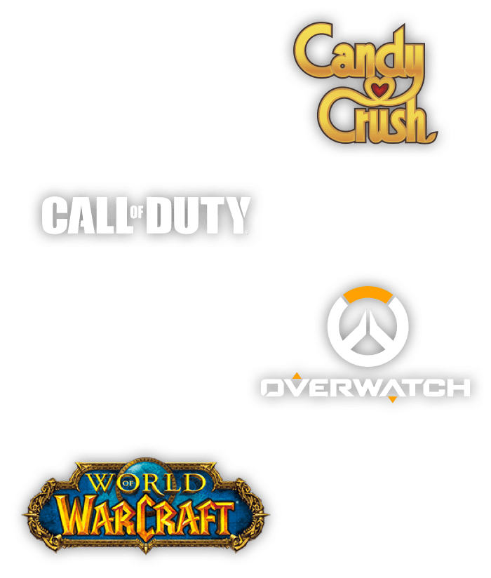 Candy Crush, Call of Duty, Overwatch, World of Warcraft logos