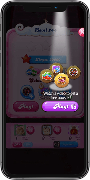 Mobile device depicting a Candy Crush ad experience