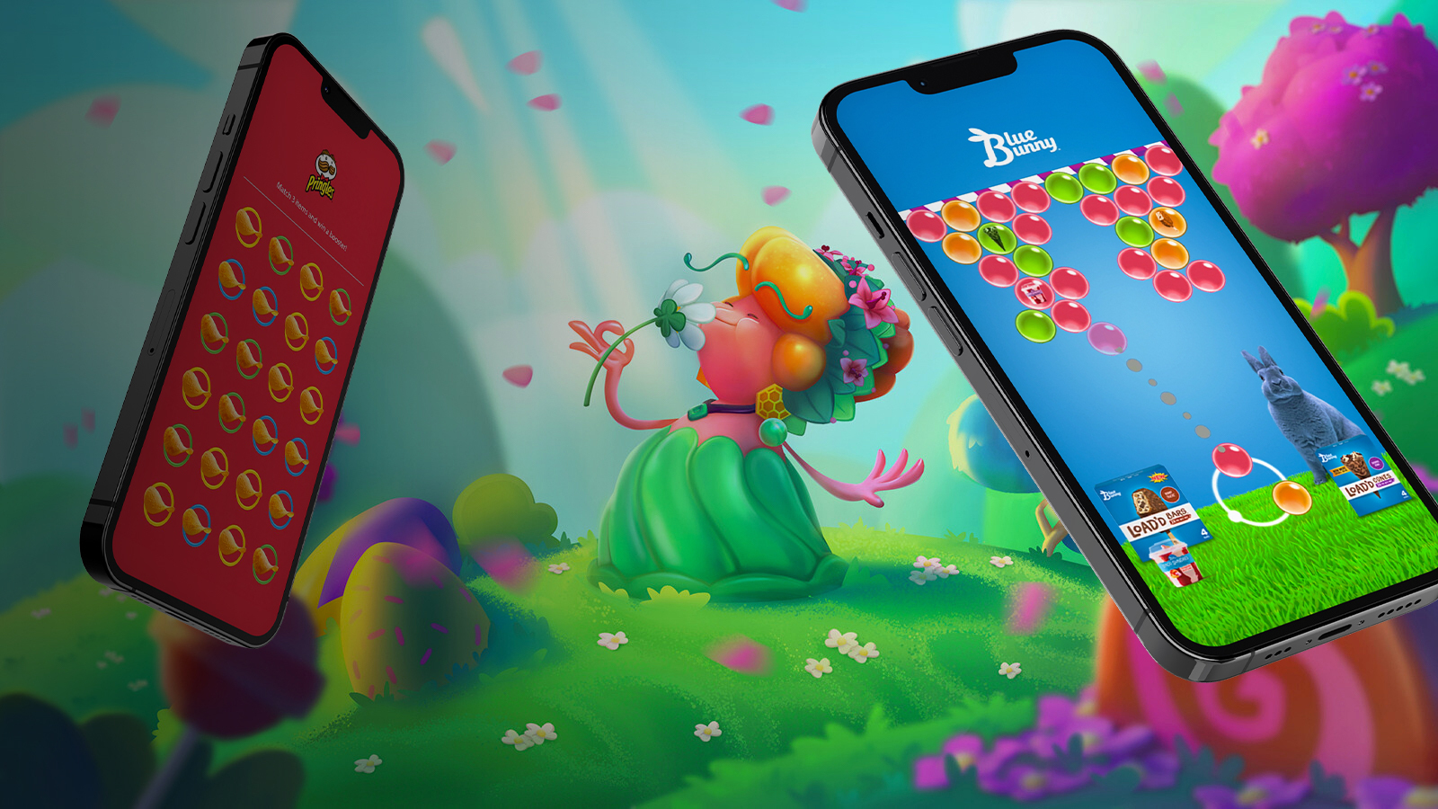 Candy Crush character with floating iphones