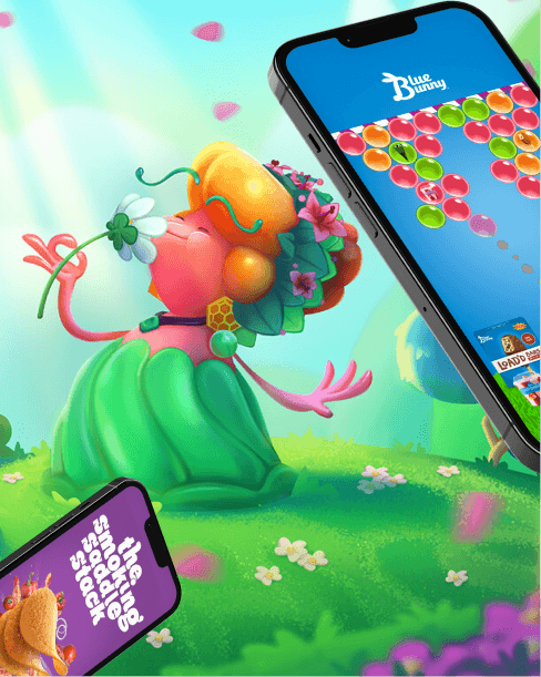 Candy Crush character smelling flower with 3 iphones floating around with creative ads for pringles and blue bunny
