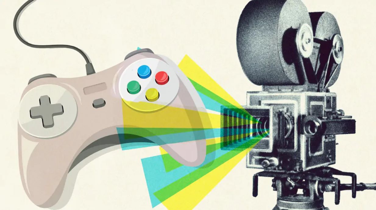 A graphic illustration of a handheld controller being lit by a film video camera.