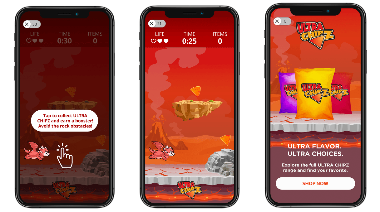 Three phones with 3 stages of a Playable ad demonstrating the elements of "strong creative branding" in mobile game advertising.