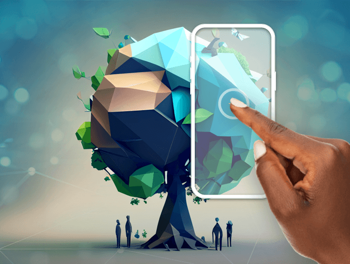 Someone pressing on a mobile screen with a beautiful tree.