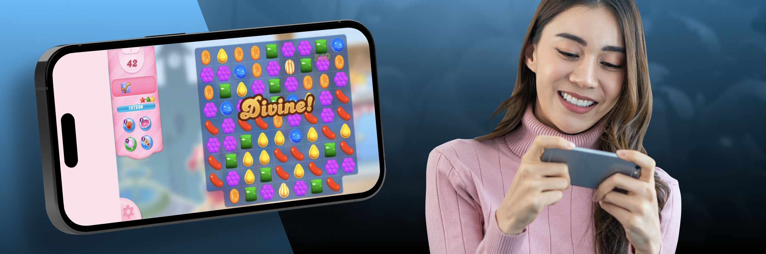 A young woman playing Candy Crush on her smartphone.