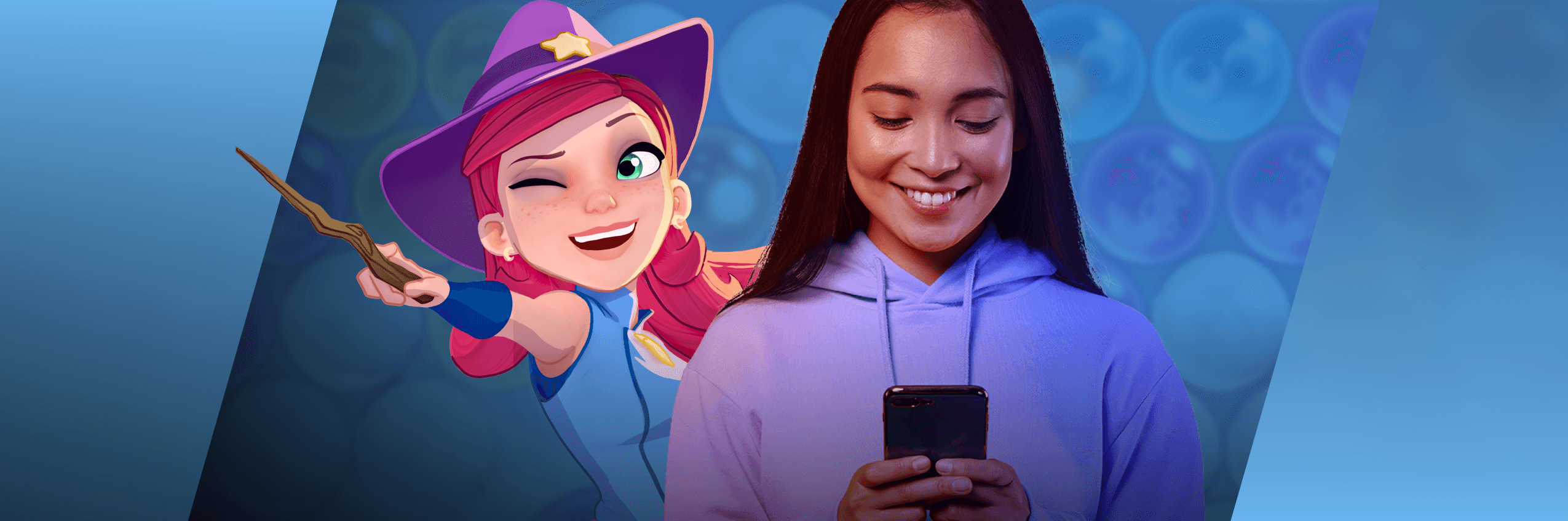 Stella, The Bubble Witch, posed with a young woman playing mobile games.
