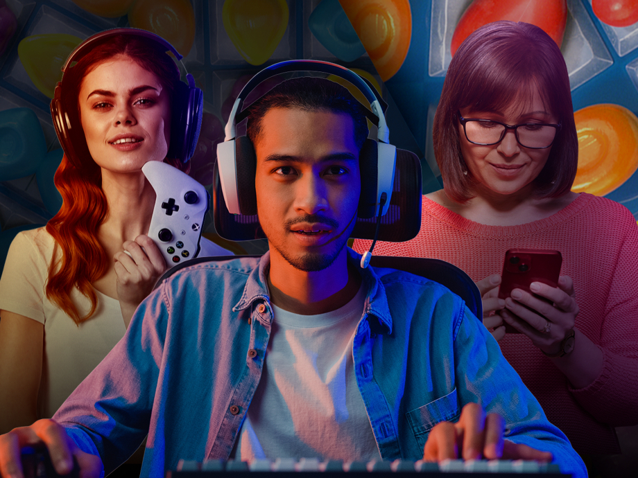 Man playing on PC, woman holding a console controller, and woman playing on mobile